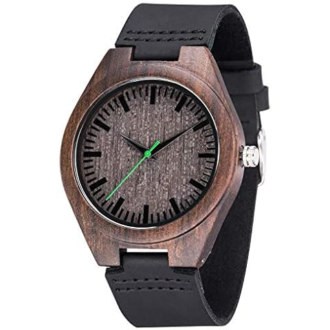MUJUZE Engraved Wood Watch,Japanese Movement Analog Quartz Black Sandalwood Men Watches for Father Son with Leather Strap,Packed in a Box,Packed in a Box (Black Sandalwood) Cover