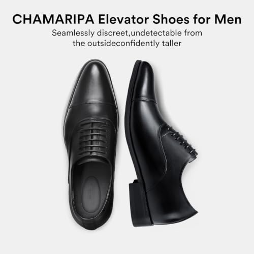 Image of CHAMARIPA Men's Oxfords Elevator Shoes Invisible Height Increasing Shoes | 2.76 /3.15 Inches Taller Lace-up Oxfords with Patent Leather Breathable Calfskin Integrated Elevator Insole Business Wedding