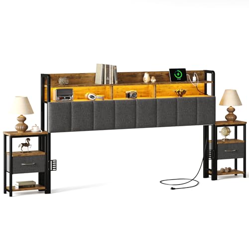 ONBRILL Headboard King Size with Bedside Storage Upholstered King Headboard Only with Charging Station RGB LED Lights 2-Tier Storage Shelves Head Board with Storage Rustic Brown
