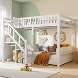 HFASD Lit Mezzanine Enfant 140x200 cm, Lit Superposé Enfant avec Escalier de Rangement et Barrière de Sécurité, Lits Mezzanine 2 Places pour Garçons et Filles, Blanc, sans Matelas (140x200 cm)