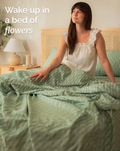 Image of Twin XL 3 Piece Floral Sheet Set - Breathable & Cooling - Sage Fan Leaf | 1 Flat, 1 Fitted & 1 Pillowcase w / Deep Pockets, Boho Botanical Floral Bedding, Breathable & Cooling, Wrinkle & Fade Free