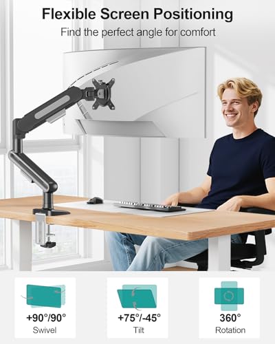 Image of MOUNT PRO Single Monitor Desk Mount for Max 40 Inch Screens, Adjustable Gas Spring Monitor Arm Holds up to 26.5lbs, Computer Monitor Stand with Clamp and Grommet Base, VESA Mount 75x75mm /100x100mm