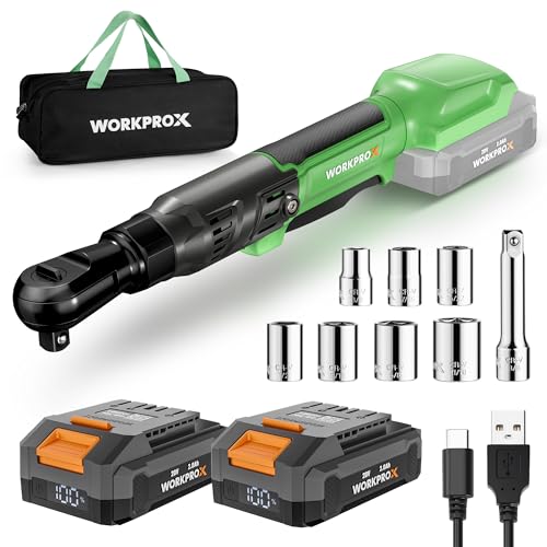 WORKPROX Electric Ratchet Wrench 3/8" Set, 20V Cordless Ratchet Wrench Kit, 74Ft-lbs, 250RPM, Battery Powered Ratchet with LED Light, 2-Pack 2000mAh Batteries, 7 Sockets & 3" Extension Bar