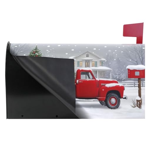 Image of Christmas Tree Red Truck Magnetic Mailbox Covers Winter Snow Golden Retriever Dog Mailbox Cover Standard Size Full Magnet Garden Yard Porch Mail Boxes Cover Holiday Decorations 21 inch L x 18 inch W