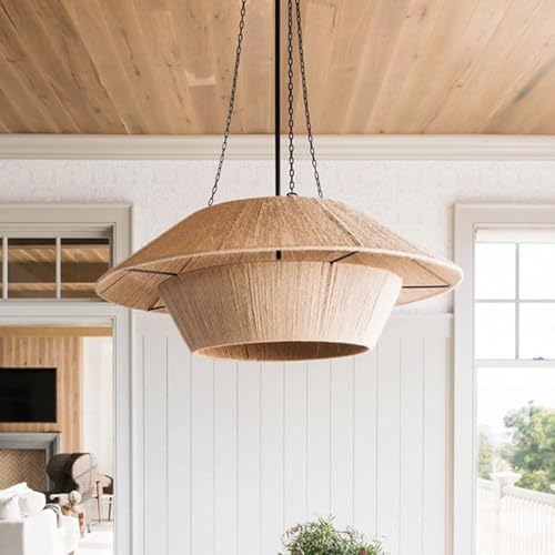 KAJYLFAST Hand Rope Lampshade Pendant Light with E26/E27 Iron Art Base Pendant Lamp Hotel Decorative Hanging Light(Natural) [3]