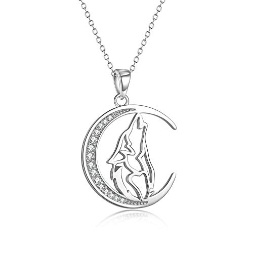 YFN Wolf Pendant Necklace 925 Sterling Silver Crescent Moon Necklace 18" Birthday Day Jewelry for Girlfriend Wife (Crescent Moon Wolf Necklace)