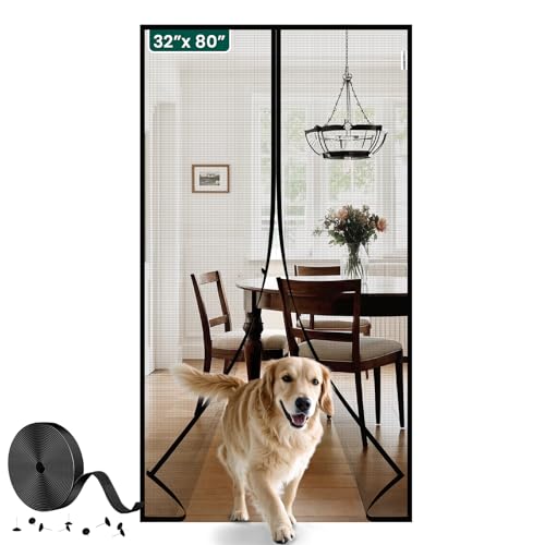 HADOR Puerta magnética de 32 x 80 pulgadas, tamaño de malla de 34 x 81 pulgadas, apertura central de fibra de vidrio con cortina de malla magnética para puertas