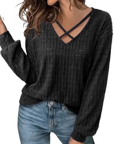 Image of Lotusmile Women's Soft Fuzzy Knit Hollow Out Lace Blouses Criss Cross V Neck Tops for Women Dressy Casual