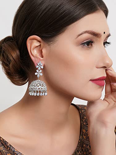 Image of Karatcart Women Silver Plated Blue American Diamond Studded Jhumki Earrings