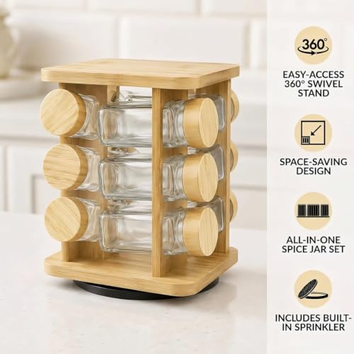 Image of 360 Rotating Spice Rack Organiser, 2-Tier Bamboo Stand with 8 Glass Jars, 250ml Each, BPA Free, Kitchen Storage (12 Glass Spice Jars & Bamboo Lids)