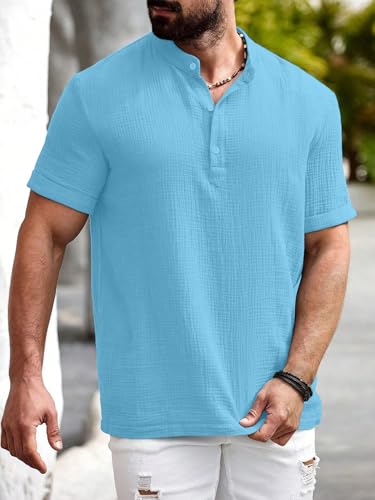 Image of Men Shirt | Black Textured Cotton Blend | Regular Fit Casual Shirt | Half Short Sleeve | Mandarin Chinese Collar | Button Down | Summer Office Wear | Stylish Shirt for Men