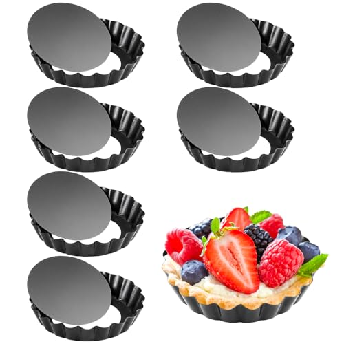 Cyimi Mini Tart Pan Set of 6, Non-Stick 4 Inch Quiche Pan, Removable Bottom Tart Pan for Pies, Quiche Bakeware, Cheese Cakes, Desserts and more