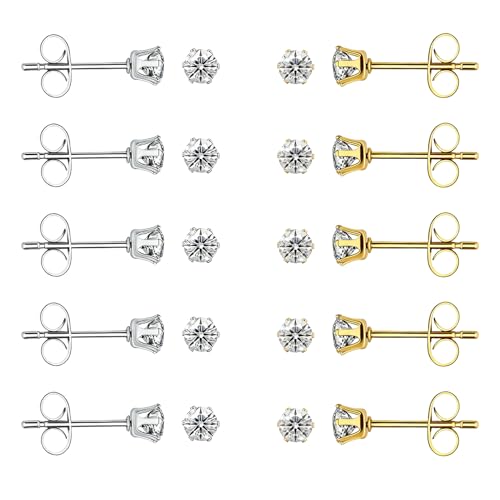 10 Pairs Silver Gold Stud Earrings Set, 14K Gold Plated 316L Surgical Stainless Steel Hypoallergenic Cubic Zirconia CZ Small Piercing Earring for Women Men 3 mm