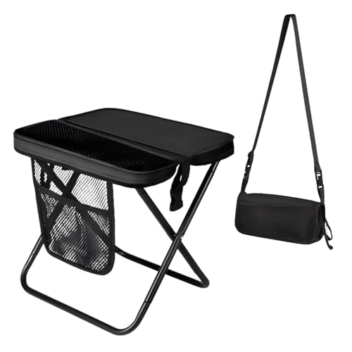 12" Portable Collapsible Stool - Folding Chair with Storage Pouch, Convertible Satchel for Hands-Free Carry & Supports 265Lbs, Ultralight for Hiking, Fishing, Camping, Festivals (Black, Standard)