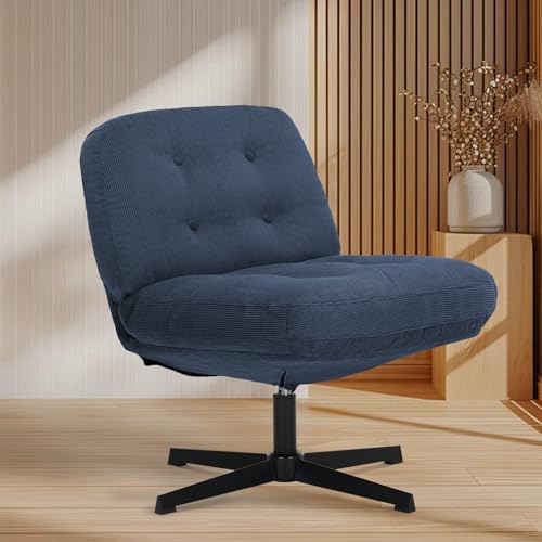 COLAMY Wide Seat Cross Legged Home Office Chair – Thick Padded Corduroy Desk Chair with Metal Base, Armless Criss Cross Chair Swivel Computer Chair for Study or Living Room