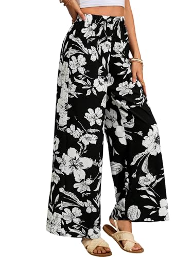 SOLY HUX Damen Hosen Lange Freizeithose Weite Beine Hose Lockerer Stoffhose Blumenmuster Sommerhose Hohe Taille Boho Cas...