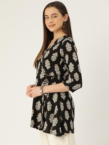 Image of feranoid Floral Print Angrakha 3 Sleeves Flared Kurti