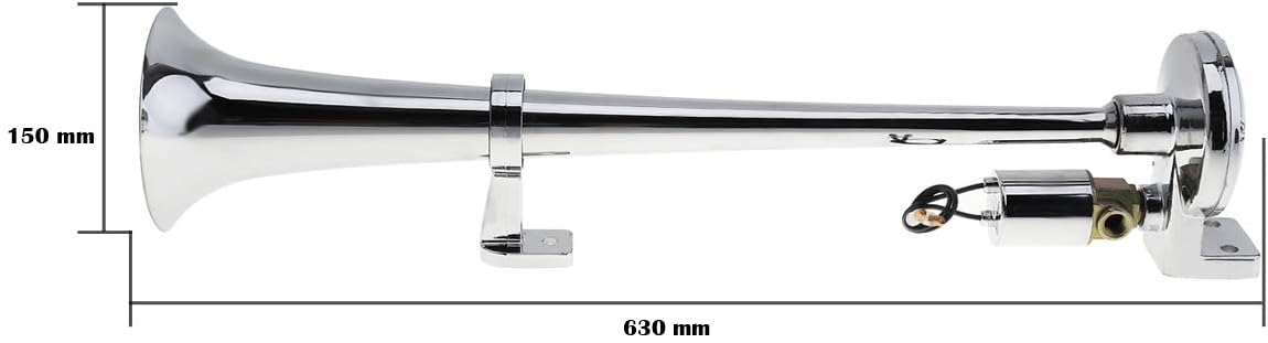12/24V Hupe Horn 635mm Fanfare Druckluft Nebelhorn Rund mit Ventil 64cm 125dB Chrom Metal Hochwertig inkl. Montagesatz LKW Wohnwagen Boot Landtechnik Neu OVP