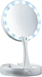 Espelho Facial Portátil de Camarim Retrátil Led Articulável Duas Faces para Maquiagem Barbear Aumenta 10X Premium