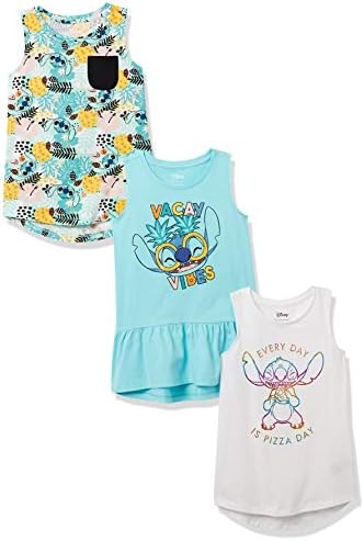 Amazon Essentials Disney | Star Wars | Frozen Girls' Sleeveless Tunic T-Shirts (Previously Spotted Zebra), Pack of 3, Blue/White, Stitch Vacay, Small