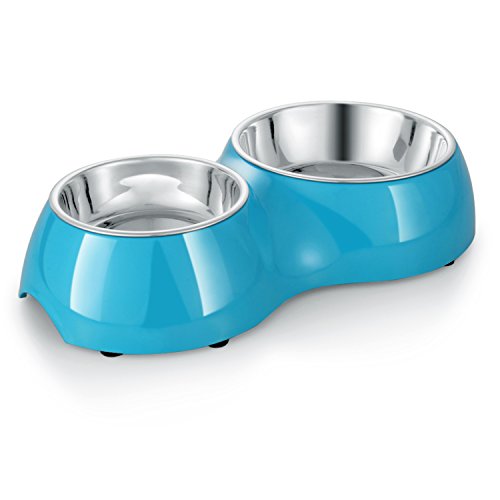 Flexzion Pet Feeder Feeding Drinking Stand Tray Station with Stable Plastic Dual Double Diner Stainless Steel Bowls Removable Dishes Food Water Holder for Dog Cat Puppies (Blue)