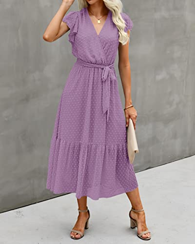 Image of BTFBM Women Summer Bohemian Floral Casual Wrap V Neck Ruffle Cap Sleeveless Belt A-Line Pleated Hem Midi Sun Dress White