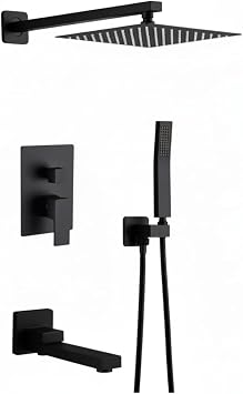 Matte Black Rain Shower System, Wall Mounted Mixer Combo Set with Rainfall Head, Handheld & Tub Spout With Rough-in Valve Body & Trim Kit