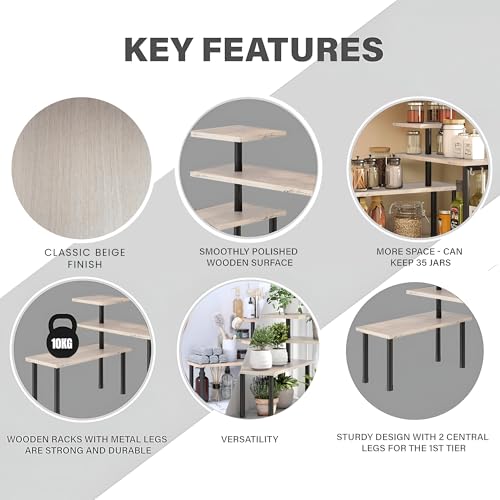 Image of ABJA Stylish Wooden Rack for Kitchen Storage, Corner Shelf for Kitchen Organizer, 3 Tier Spice, Oil Stand, Tabletop Adjustable Rack for Makeup, Office (Classic Beige, 3 Tier Corner)