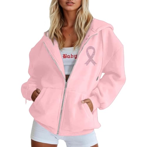 Sweat à capuche femme zippé rose imprimé ruban pour la sensibilisation au cancer du sein