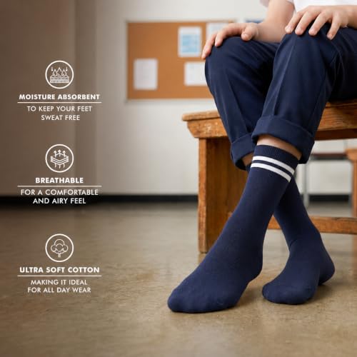 Image of Supersox Regular School Uniform Socks for Kids | Navy Colour-White Stripe | Combed Cotton, Breathable, Moisture Absorbent & Anti Odour | Extra Durable Welt for All-Day Comfort | Pack of 5