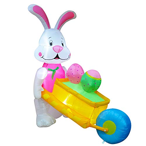 SEASONBLOW 6 FT LED Light Easter Inflatable Rabbit Pushing Wheelbarrow with Eggs Decorations for Yard Lawn Garden Home Outdoor Indoor Holiday Decor