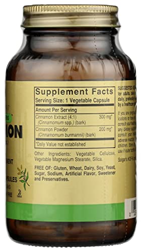 Solgar Cinnamon, 100 Vegetable Capsules - Full Potency (Fp) - Supports Sugar Metabolism - Overall Wellness - Non-Gmo, Vegan, Gluten Free, Dairy Free, Kosher - 100 Servings #TOP7