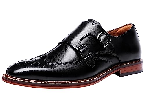 Santimon Mens Loafers Silp On Formal Dress Genuine Leather Double Buckle Monk Strap Loafers Fashion Comfort Business Shoes for Men