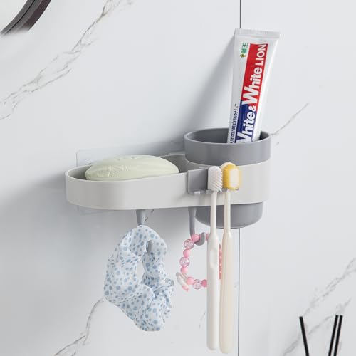 Image of HOKIPO Wall-Mounted Bathroom Shelf Organizer with Cup Holder & Hooks | No-Drill Self-Adhesive Plastic Rack | Toothbrush Holder | Bathroom Storage Shelf for Wall | Accessories Set (AR-6092)
