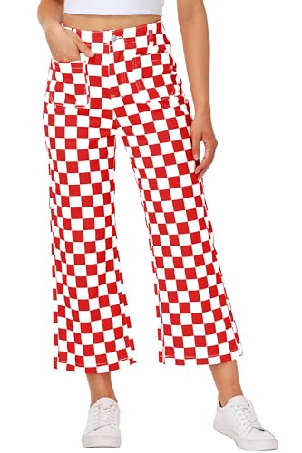 Checkered Jeans for Womens Red and White Wide Leg Cropped Pants July 4th Classic Plaid Baggy Jeans M