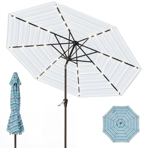 Image of 9FT Patio Umbrella with Solar Lights,Outdoor Market Umbrella with Tilt and Crank, LED Lighted Table Umbrella for Garden,Deck,Backyard,Pool,Beach (Blue Green Stripes)