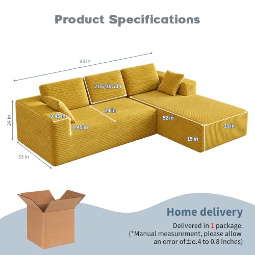 Image of 93 inch L-Shaped Modular Sectional Sofa with Chaise, Boneless Corduroy Cloud Couch with Deep Seat and Oversized Comfort, Flexible Module Combination for Living Room, No Assembly Required