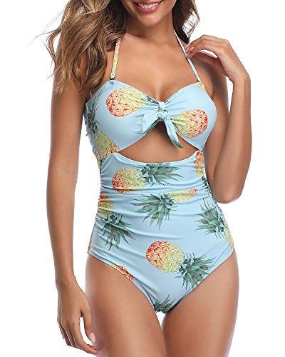 Tempt Me Women Blue Pineapple Sexy Cutout One Piece Swimsuits Tummy Control High Waisted Halter Front Tie Knot Bathing Suit XL