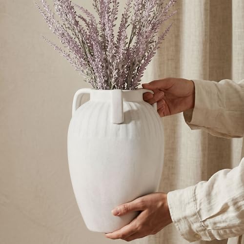 FancyPlus Flower Vase, 8.86 inch Tall Ceramic Vase with 3 Handles Vintage Terracotta Rustic Unique Vase for Bouquet Pottery Barn Decor Large Vases for Decor Livingroom Bathroom Modern Farmhouse(White)