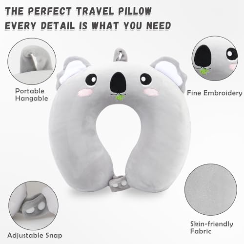 Image of Travel Pillow, Kids Travel Pillow with Sleep Eye Mask Soft Memory Foam Kids Neck Pillow for Boys & Girls, Travel Accessories for Car Airplane Traveling - Koala