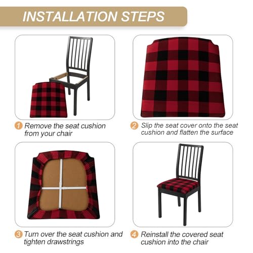 Image of SearchI 6 Pack Christmas Seat Covers for Dining Room Chairs Stretch Printed Xmas Chair Seat Covers,Removable Upholstered Chair Seat Protector for Christmas Decoration,Kitchen,Office (Black /Red Plaid)