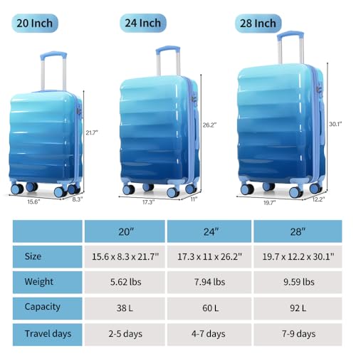 3 Piece Luggage Set Hardshell Suitcases with Spinner Wheels TSA Lock Lightweight Durable PC ABS Vibrant Glossy Expandable Design for Travel 20 24 28 Inch (Blue 20/24/28)4