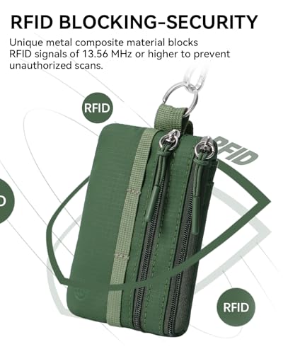 Image of BOSTANTEN Small Wallet RFID, Minimalist Zip ID Case Wallet with Lanyard Keychain, Water Resistant Card Wallets for women & Men, Green
