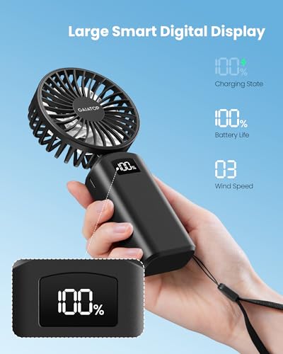 Image of Gaiatop Powerful Hand Fan, Portable Personal Fan Handheld Fan, 3 Speed Foldable Desk Fan with Digital Display, 2000mAh USB Rechargeable Fan for Indoor Outdoor