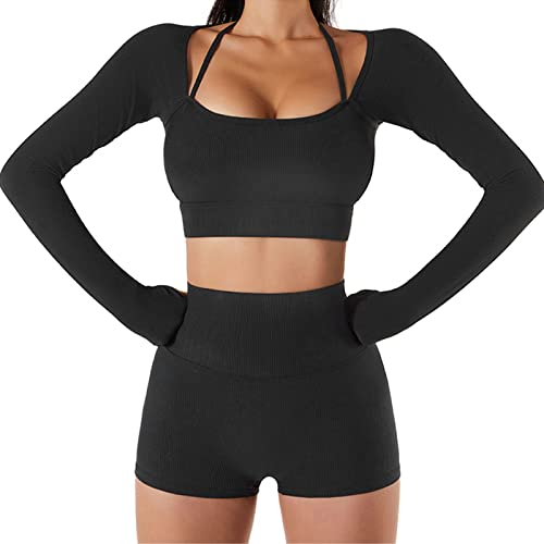 Cerlingwee Damen Stretch Yoga Sport Neckholder Langarm Crop Top Daumenloch Workout Sportswear (nur Top)(S-Schwarz) Cover