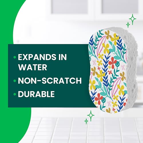Image of Scotch-Brite Pop Up Kitchen Sponges, Unique Compressed Kitchen Sponge for Cleaning Gently, Floral Pattern Dish Scrubber that Expands with Water, 3 Scrubbing Sponges