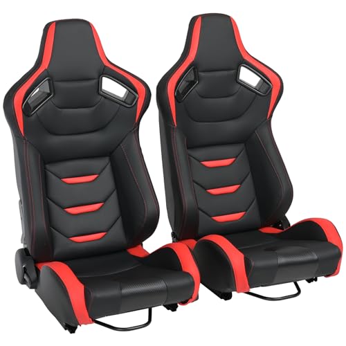 WIILAYOK 2 Pack Racing Seats, 1 Pair Bucket Seats with Dual Lock Sliders for Front-Back Adjustment, PVC Leather Universal Racing Seats for Cars, Black & Red