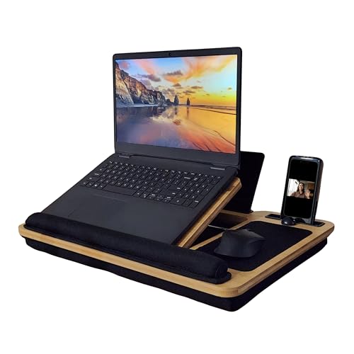 Bamboo Laptop Lap Desk with Cushion | Angle Adjustable Vented Laptop Stand Bed Desk | Work, Study & Gaming | Portable Lap Desk w/Handle, Mouse Pad, Tablet & Phone Holders, Quality Wood Gift Idea