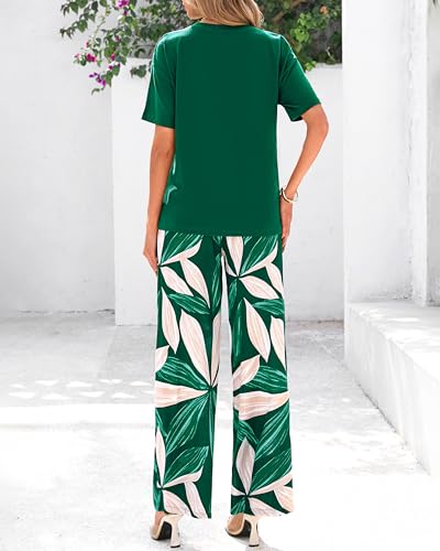PRETTYGARDEN Women Summer 2 Piece Outfits 2026 Short Sleeve Knit Top Floral Print Belted Wide Leg Pant Sets With Pockets(Dark Green Floral,Small) — view 5