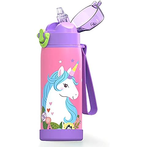 Cute Vacuum Insulated Water Bottle with Straw for School Girls Boys, Durable Stainless Steel, Leak Proof One Click Open Soft Straw, Protective Silicone Boot, 470ml - Unicorn Cover
